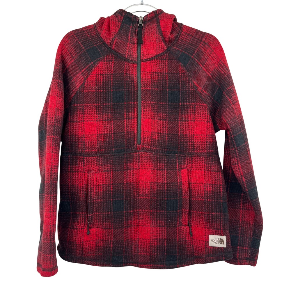The North Face Womens Red Black Buffalo Plaid Quarter Zip Fleece Hoodie Size M